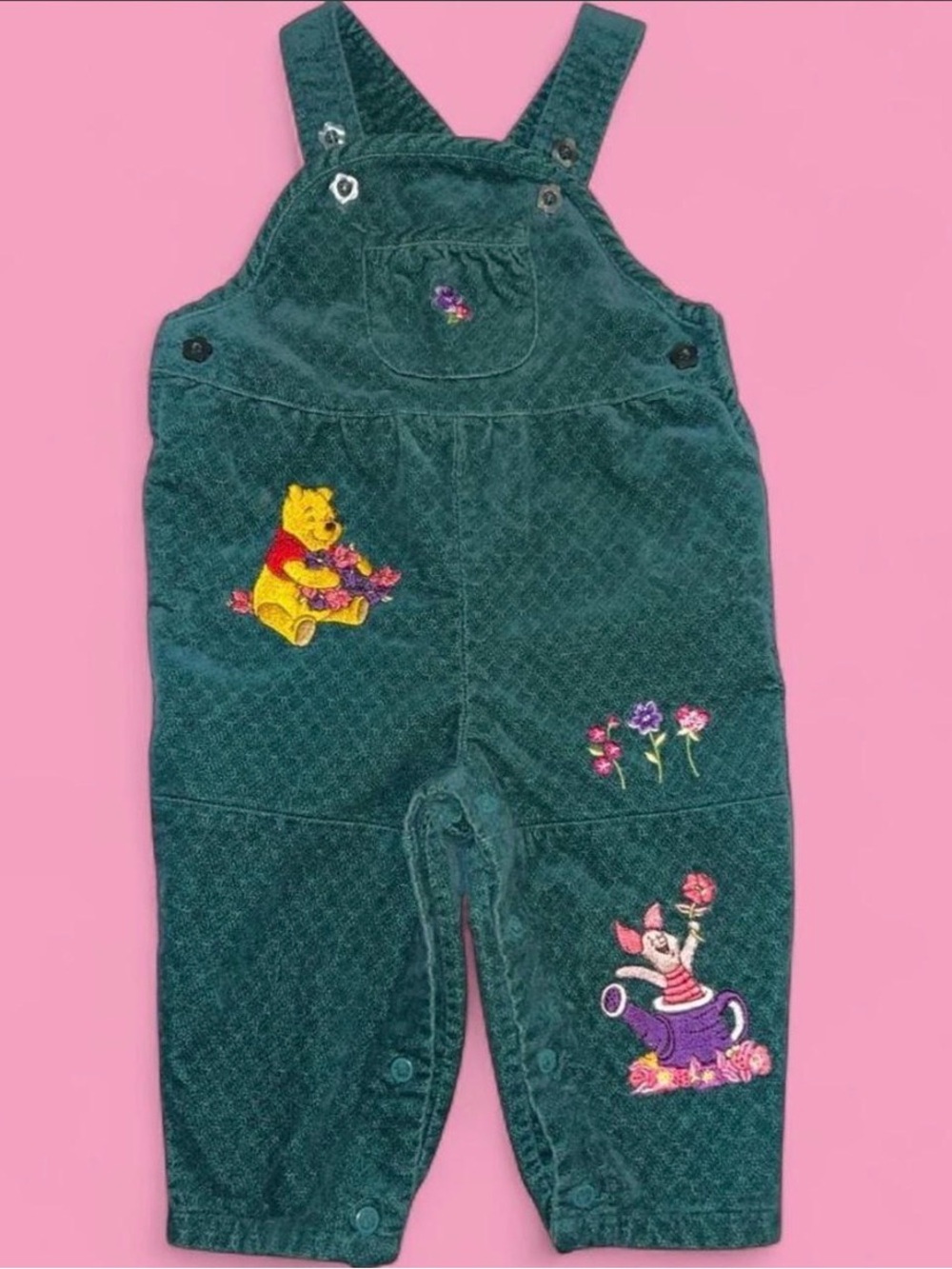 Green Corduroy Upcycle Winnie the Pooh & Piglet Embroidered Overalls - Kids